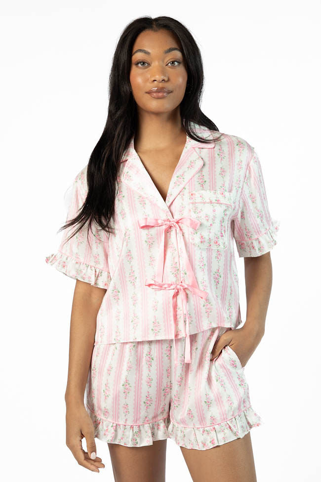 Hitting Snooze Pink Floral Striped Short Sleeve Pajama Top High Quality Buy Online