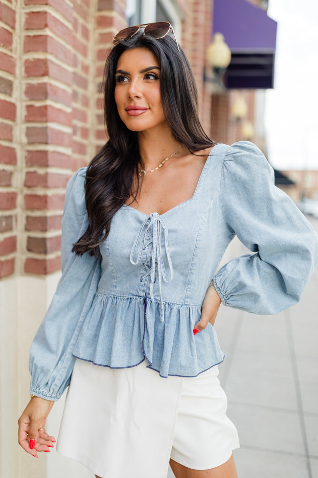 Up To Me Medium Wash Corset Front Chambray Blouse FINAL SALE Cheapest For Sale