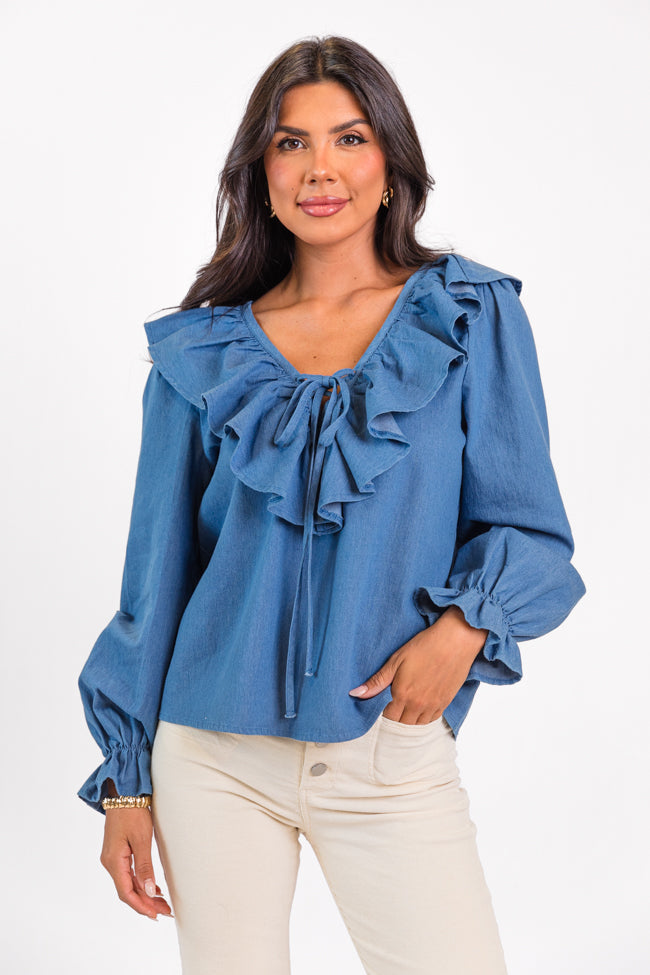 Feel This Way Medium Wash Ruffle Detail Chambray Blouse FINAL SALE Best Sale Cheap Pice