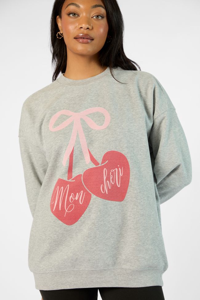 Mon Cheri Light Grey Oversized Graphic Sweatshirt Clearance Fashionable