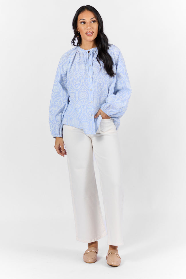 Downtown Delight Blue Embroidered Woven Button Down Blouse Discount Footlocker Pictures