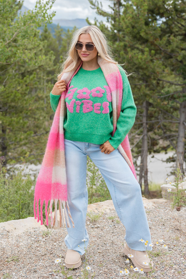 Give Off Good Vibes Green and Pink Sweater FINAL SALE Amazon Cheap Pice