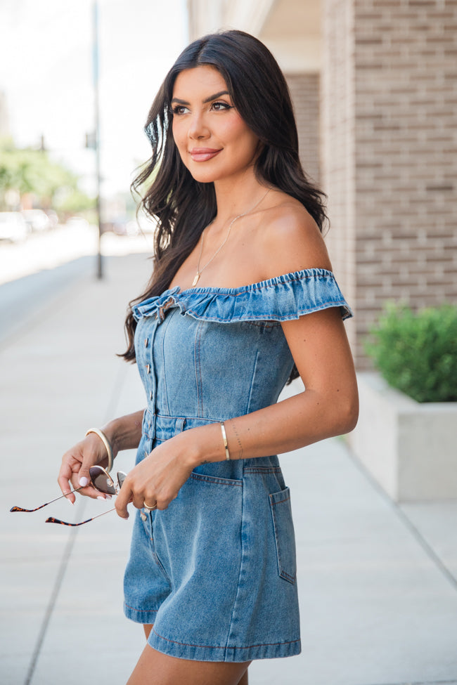 Hello Lovely Off The Shoulder Denim Romper For Sale Free Shipping