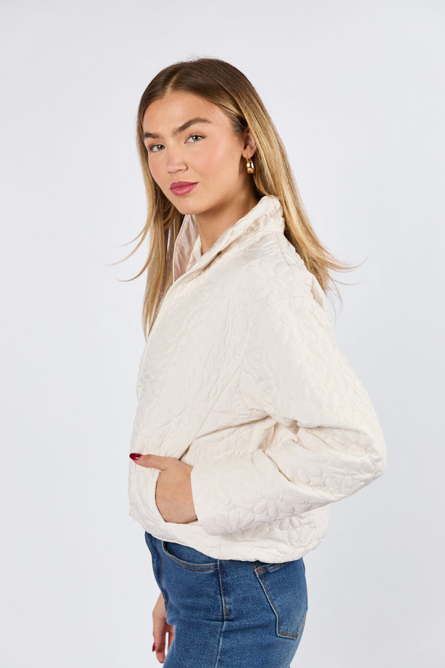 Full Bloom Cream Flower Quilted Zip Up Jacket Sale Affordable