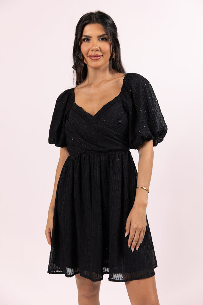 Get Figgy With It Black Textured Surplice Neckline Holiday Dress FINAL SALE Discounts Sale Online