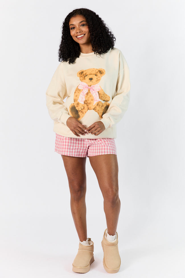 Vintage Teddy Bear Gingham Bow Cream Oversized Graphic Sweatshirt Free Shipping Top Quality