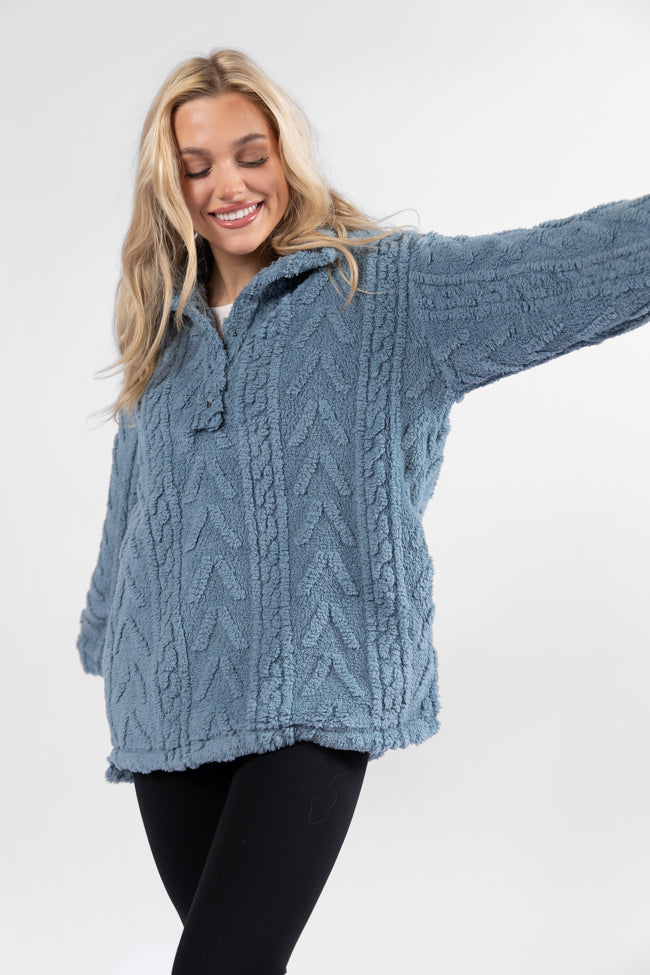 Take The Leap Blue Cable Detail Sherpa Pullover SALE Clearance Pictures