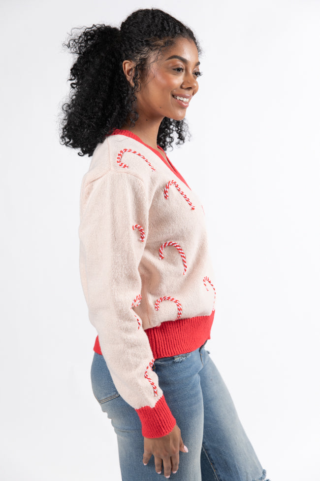 Candy Craze Pink and Red Candy Cane Patch V-Neck Sweater Macy Blackwell X Pink Lily FINAL SALE Sast Sale Online