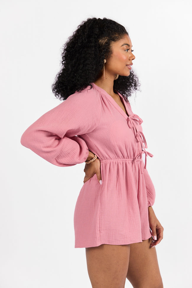 Endless Sunshine Pink Tie Front Long Sleeve Romper Low Pice Fee Shipping Sale Online