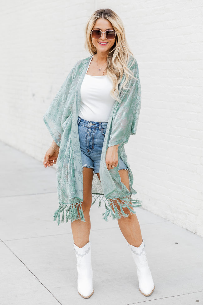 Unapologetically You Sage Velvet Floral Fringe Trim Kimono FINAL SALE Cheap Supply