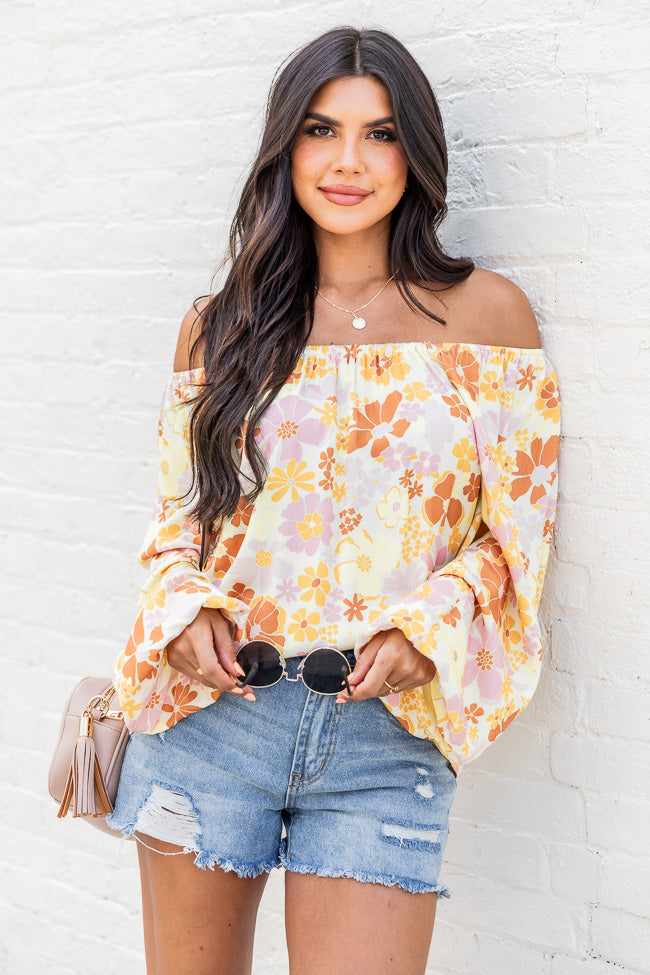 Find My Way Yellow Multi Floral Off The Shoulder Blouse FINAL SALE Discount Best Seller