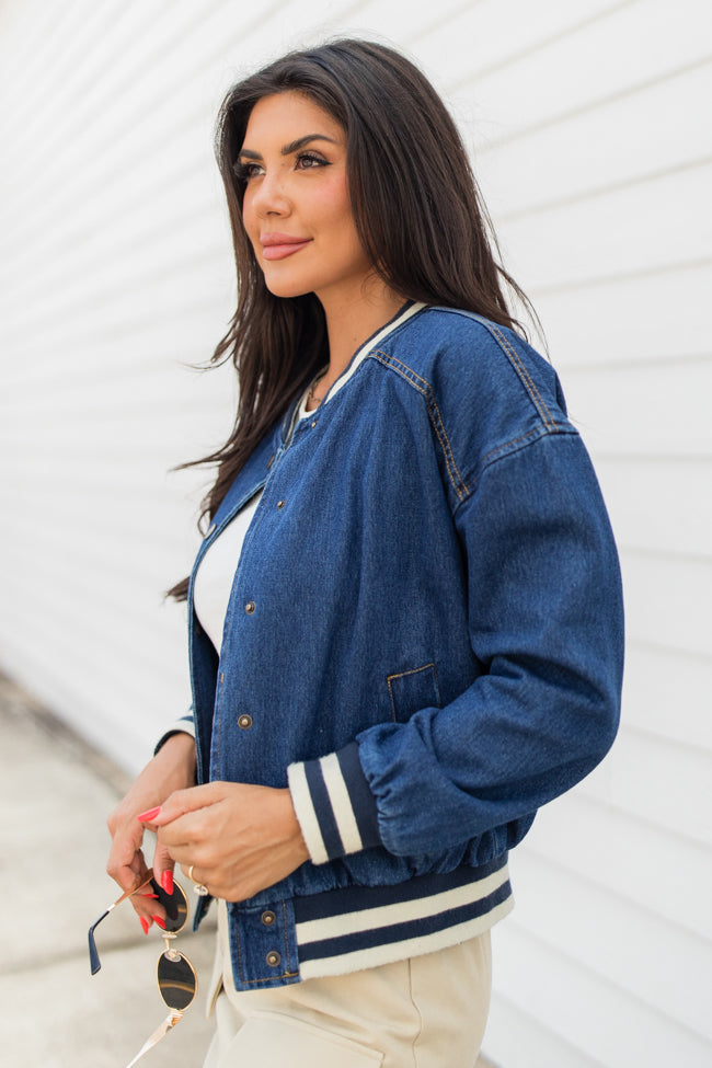 Never Left Me Denim Bomber Jacket Clearance Hot Sale