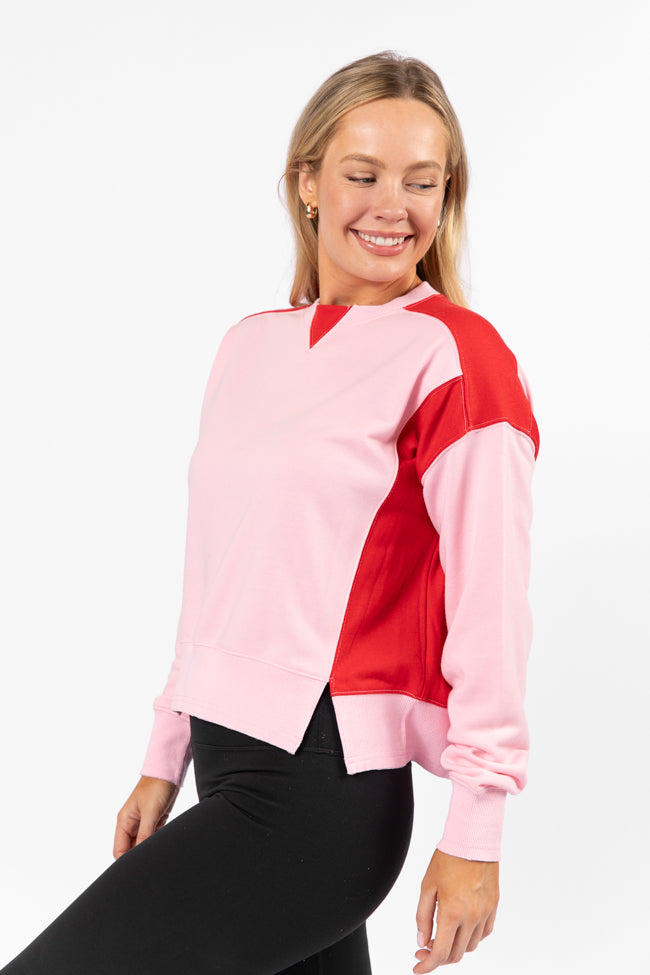 Far Between Pink and Red Contrast Trim Crew Neck Sweatshirt Sale Deals