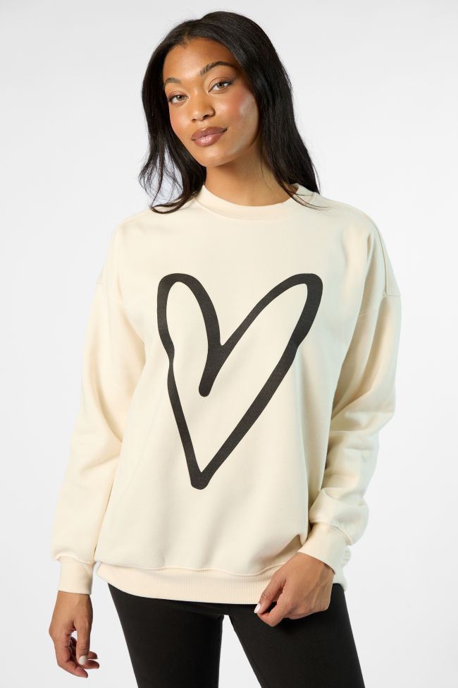 Black Heart Sketch Cream Oversized Graphic Sweatshirt Clearance Hot Sale