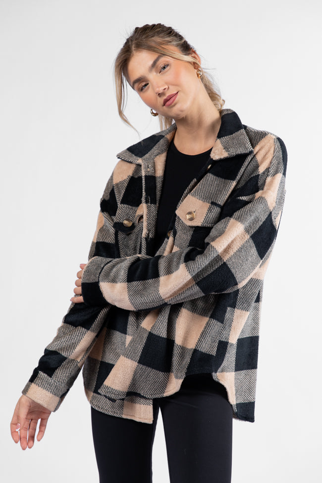 Wind Down Black and Tan Fleece Plaid Shacket Sale Reliable