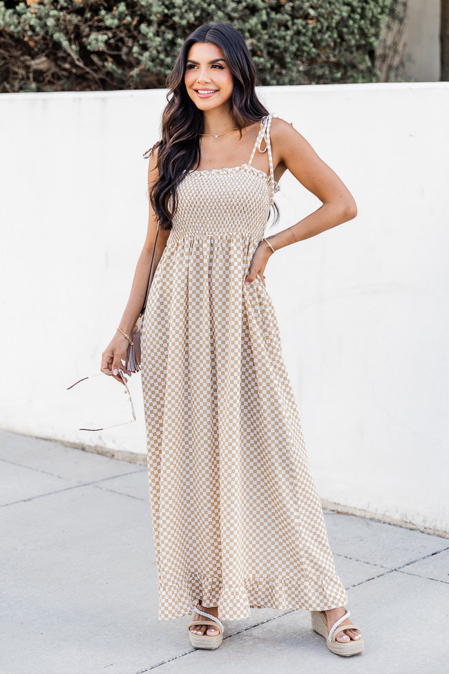 All Good Things Taupe Checkered Maxi Dress Quality From China Wholesale