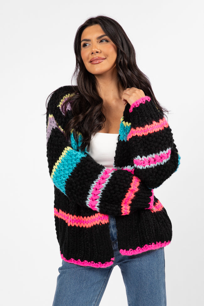 In The Middle Black Multi Chunky Knit Stripe Cardigan Low Pice Cheap Online