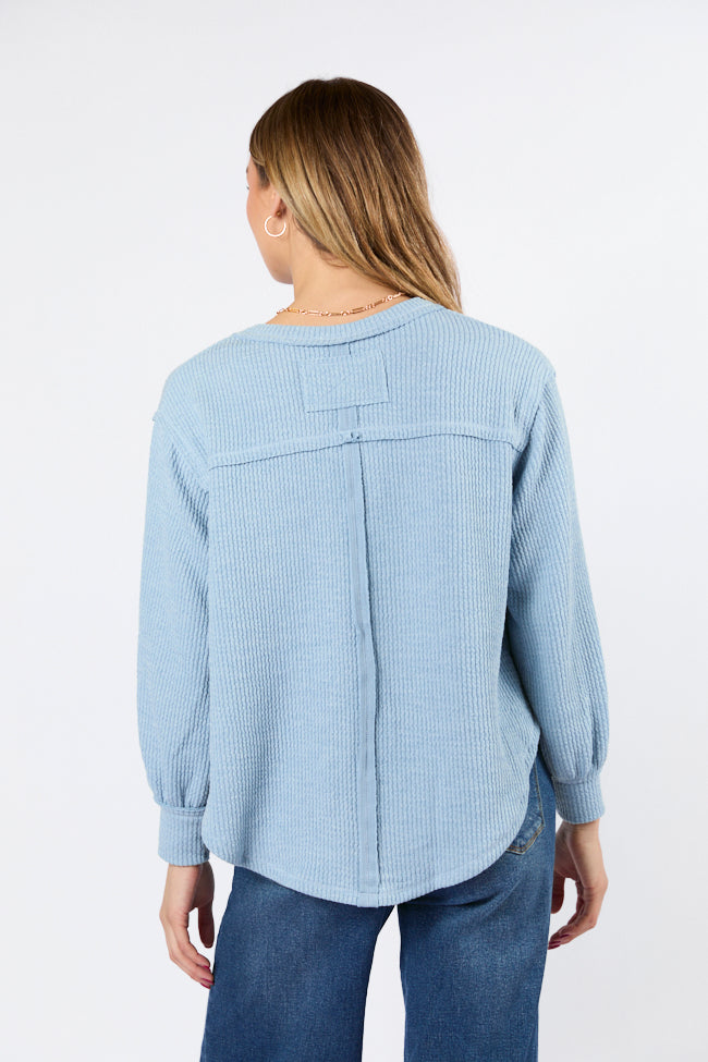 Never Say Never Dusty Blue Ribbed Knit V-Neck Long Sleeve Top Buy Cheap Low Cost