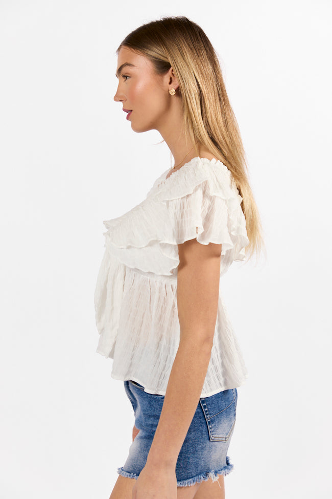 Ruffle It Up Ivory Textured Top Sale Low Pice