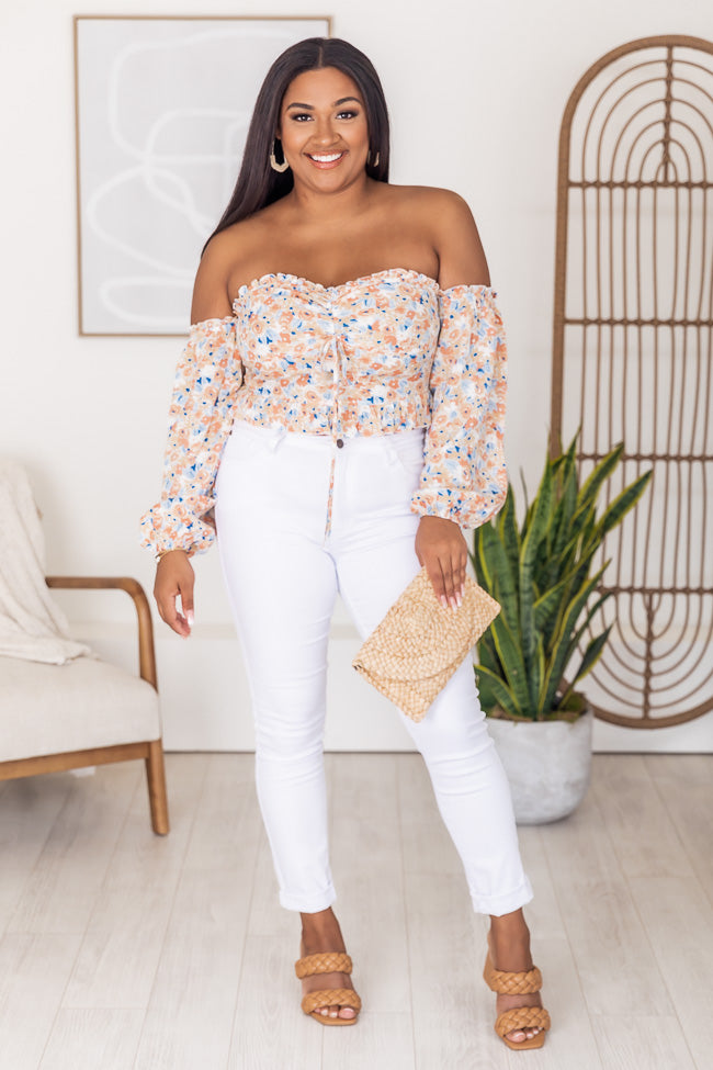 Sonic Blooms Orange Floral Off The Shoulder Long Sleeve Blouse Fast Delivery For Sale