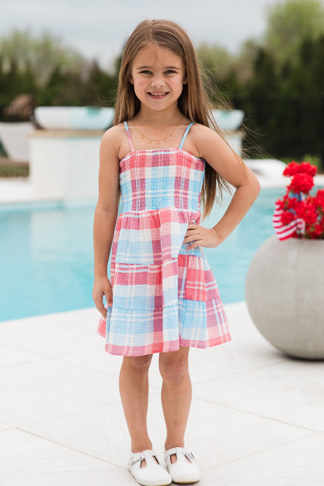 Kid's Tea With You Red and Light Blue Plaid Gauze Dress