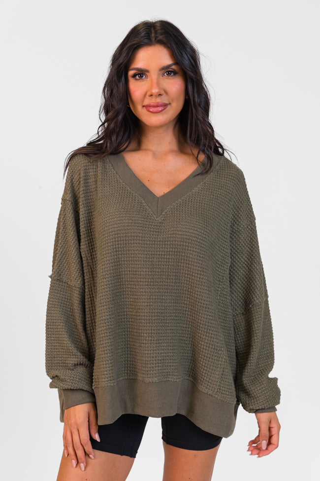 Perfect Score Olive Oversized Waffle V-Neck Top Cheap Order