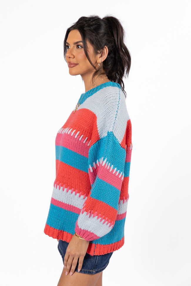 Something Extra Blue Multi Stripe Chunky Knit Stitch Detail Sweater Outlet Pay With Paypal