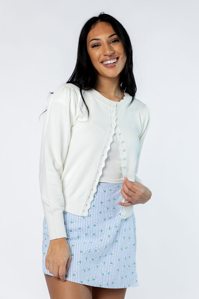 Perfect Clarity Ivory Scalloped Trim Cardigan Low Pice