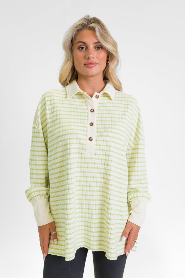 This Is The Life Lime Striped Collared Henley Oversized Knit Top FINAL SALE Very Cheap