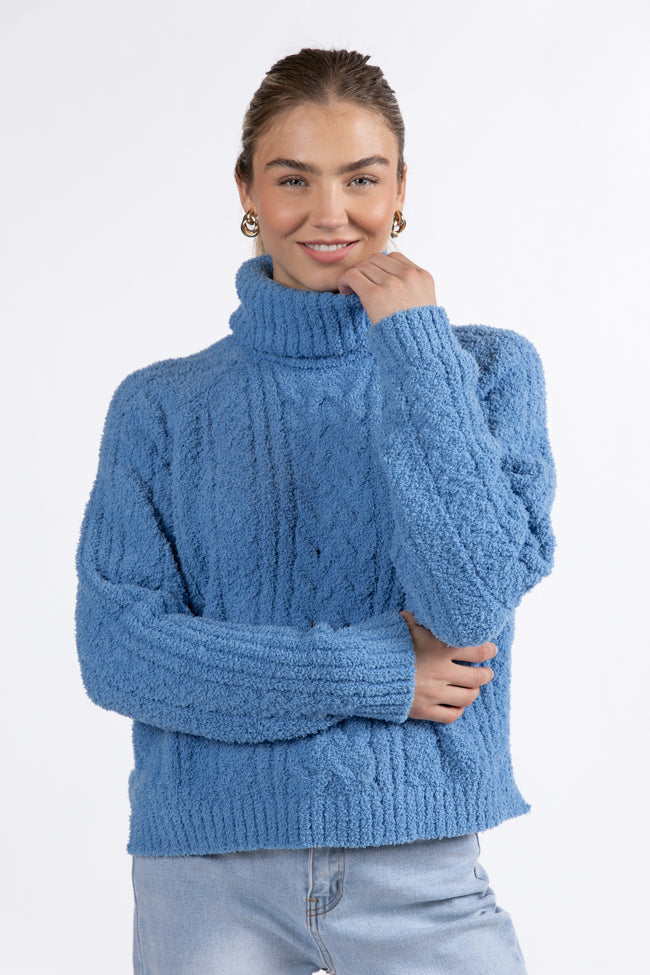 Snow Place Like Home Blue Fuzzy Cable Knit Turtleneck Sweater FINAL SALE Free Shipping