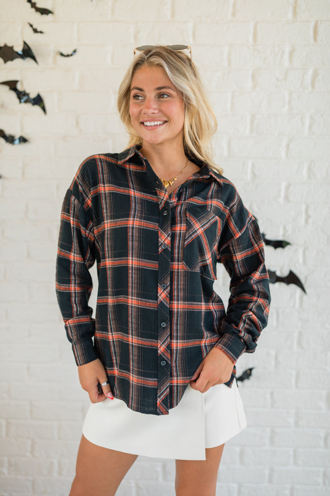 Made Me Realize Black and Orange Plaid Button Front Shirt FINAL SALE Outlet For Nice