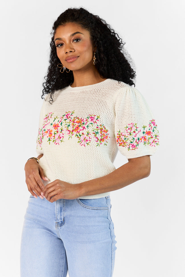 Come To The Garden Beige Multi Open Knit Floral Embroidered Short Sleeve Sweater Free Shipping Official