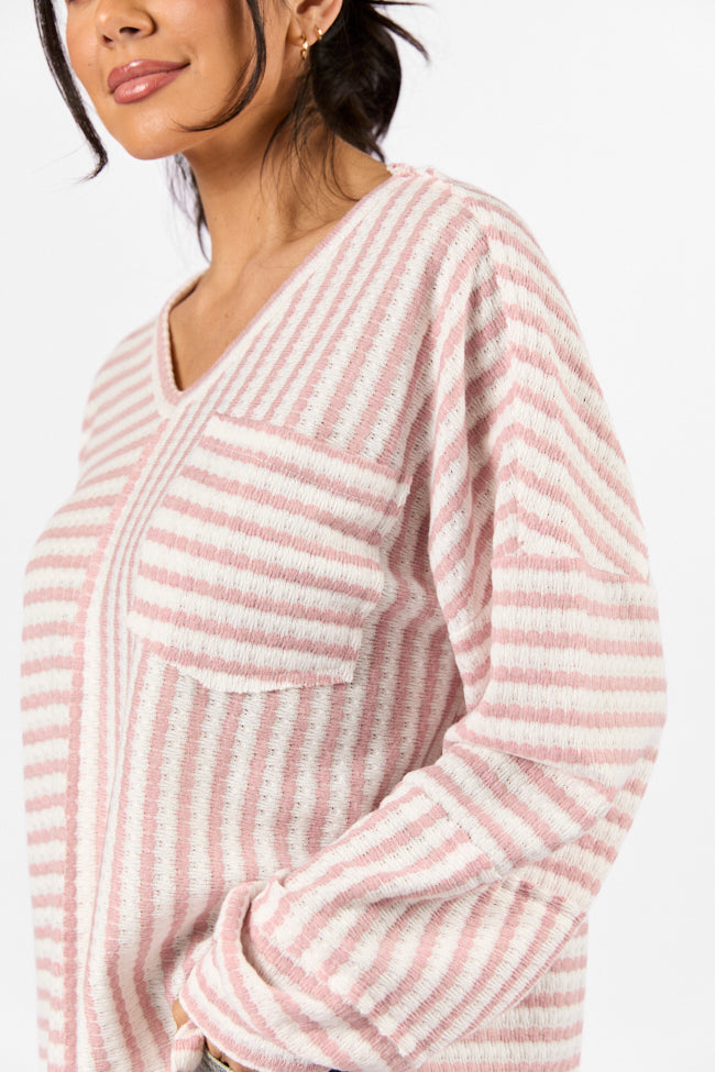 All For Sun Pink and Ivory Striped Knit V-Neck Long Sleeve Tee Lowest Pice Cheap Pice