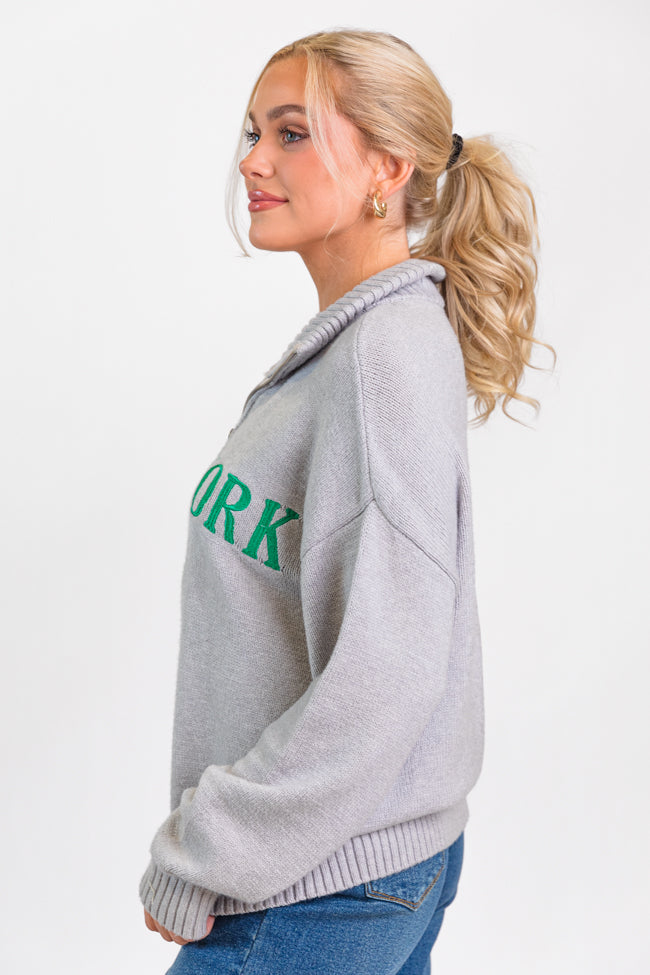 Roll With It Grey and Green New York Embroidered Quarter Zip Sweater FINAL SALE Outlet New Styles