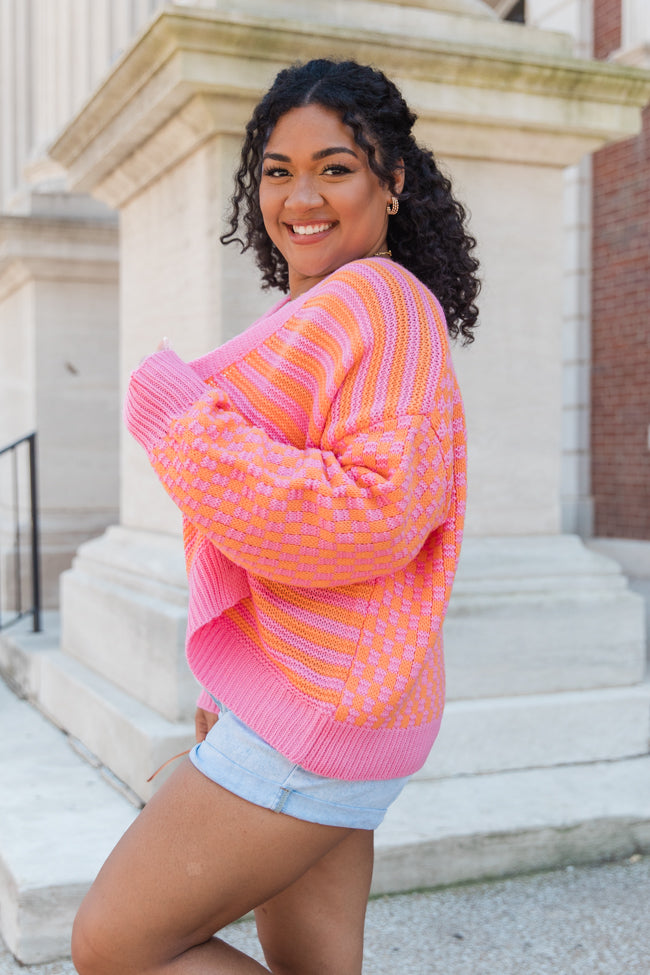 Time To Waste Pink And Orange Checkered And Striped Cardigan Discount From China