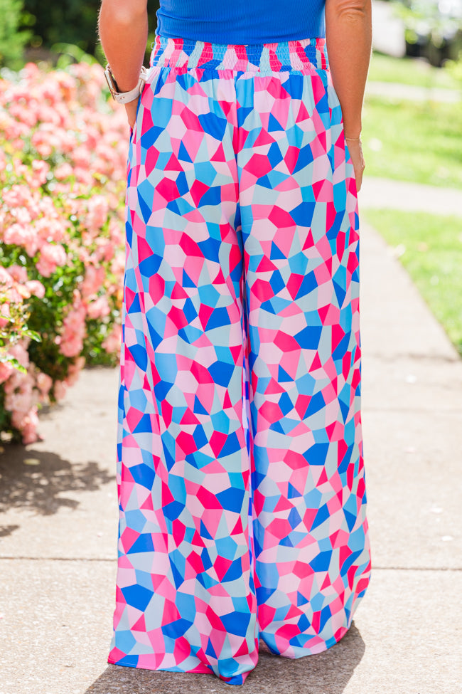 Fashionably Late Geometric Blue And Pink Belted Pants With Credit Card Free Shipping