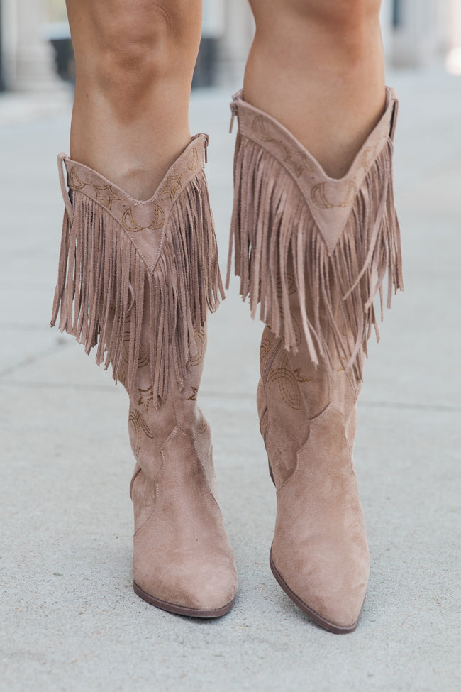 Fancy Suede Warm Taupe Fringe and Stars Boots Comfortable