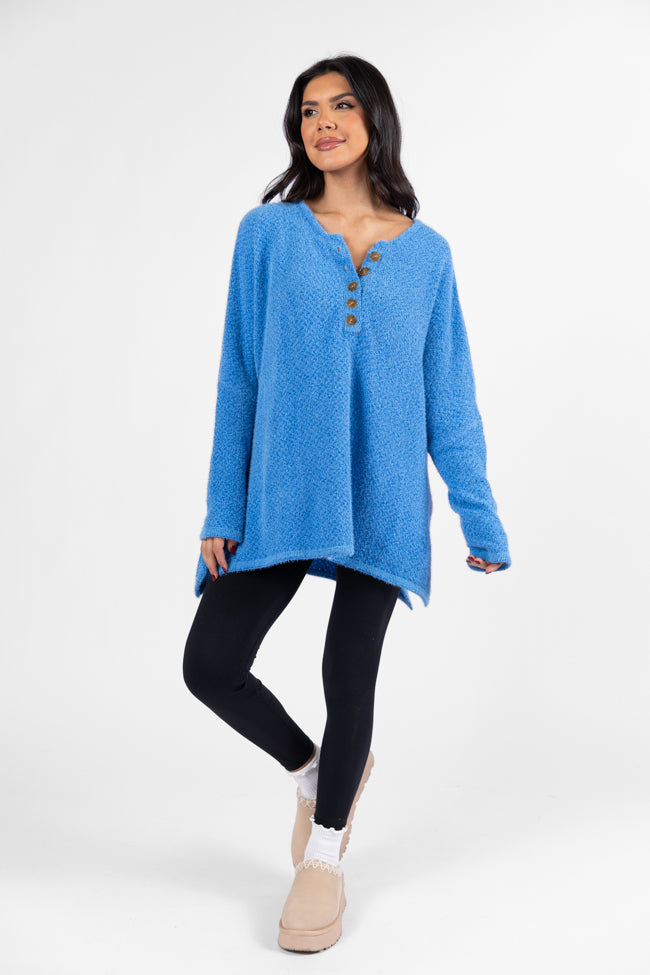 Thinking Of You Blue Fuzzy Henley Blouse SALE Cheap Pice Wholesale