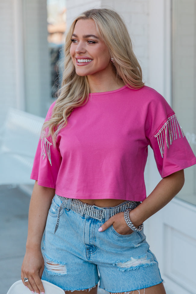 Hold On Loosely Pink Rhinestone Shoulder Detail T-Shirt Free Shipping Fake