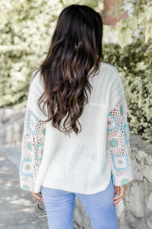 Wanna Be With You Ivory Multi Crochet Sleeve Sweater FINAL SALE Free Shipping Recommend