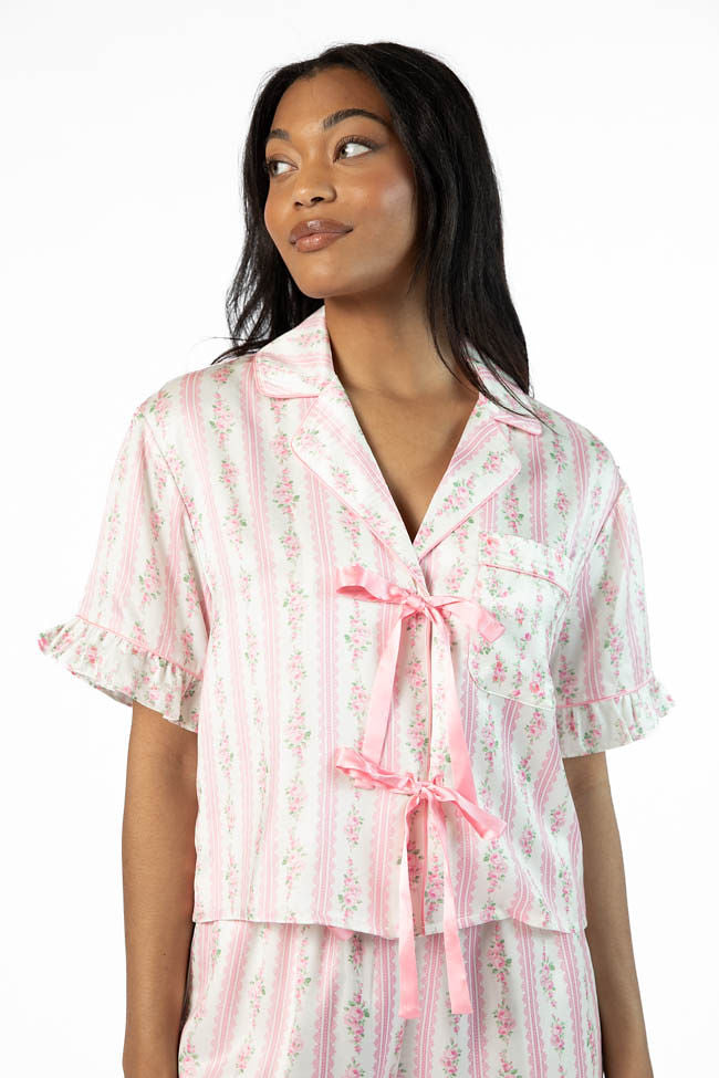 Hitting Snooze Pink Floral Striped Short Sleeve Pajama Top High Quality Buy Online