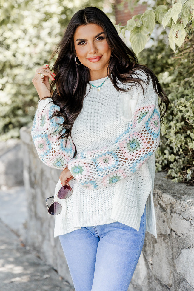 Wanna Be With You Ivory Multi Crochet Sleeve Sweater FINAL SALE Free Shipping Recommend