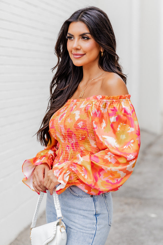 Just A Moment Orange Floral Print Off The Shoulder Blouse FINAL SALE Official Online