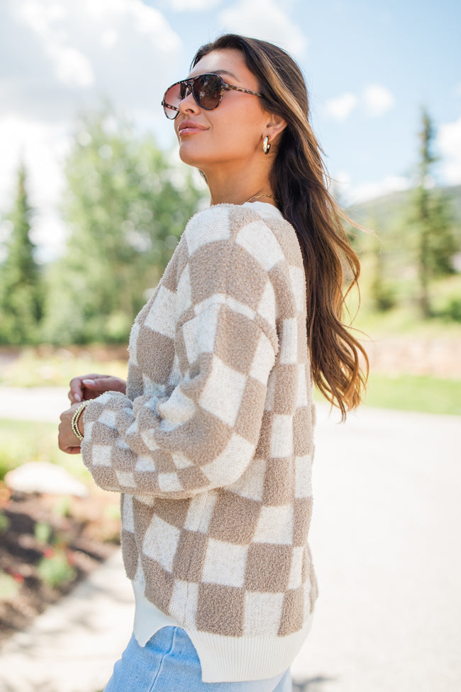 Warm Hearts Taupe Fuzzy Checkered V-neck Sweater FINAL SALE Sale Wiki