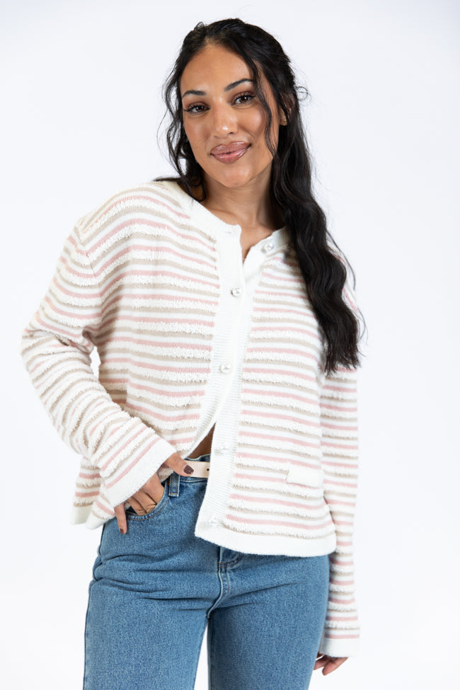 Abundant Mindset Ivory Multi Fuzzy Striped Cardigan SALE Clearance Inexpensive