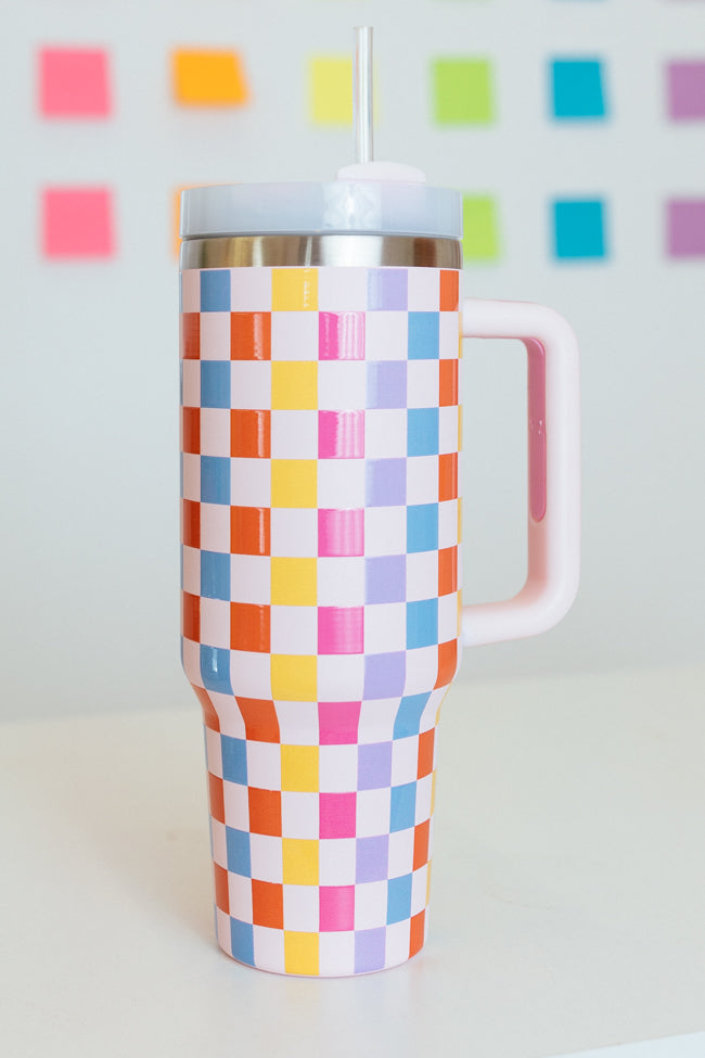 Sippin' Pretty Multicolor Checkered 40 oz Drink Tumbler With Lid And Straw FINAL SALE