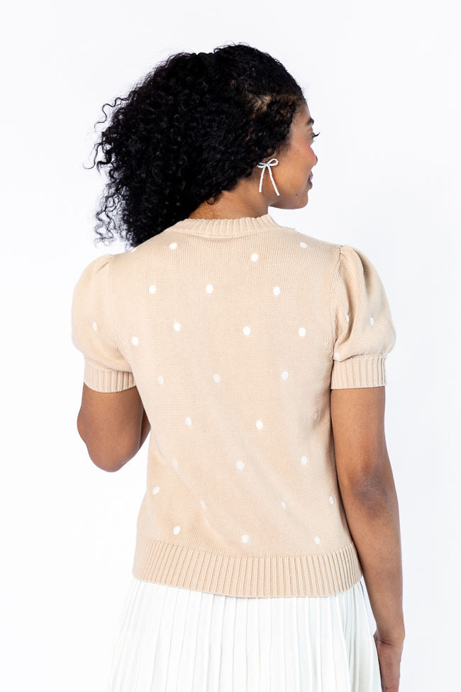 Polka Dot Daydreams Taupe and Ivory Short Sleeve Sweater Cheapest Pice