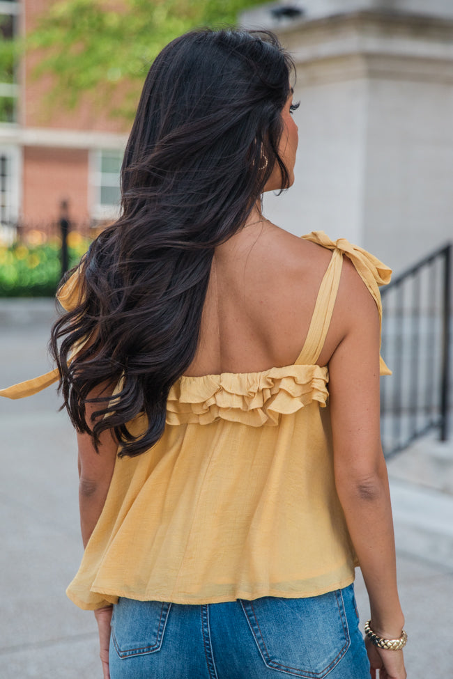 Not Easy To Forget Yellow Tie Shoulder Ruffle Trim Tank Countdown Package Online