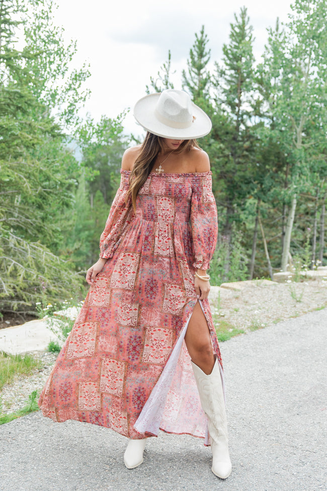 Sounds In My Mind Brick Off The Shoulder Printed Maxi Dress FINAL SALE Authentic For Sale