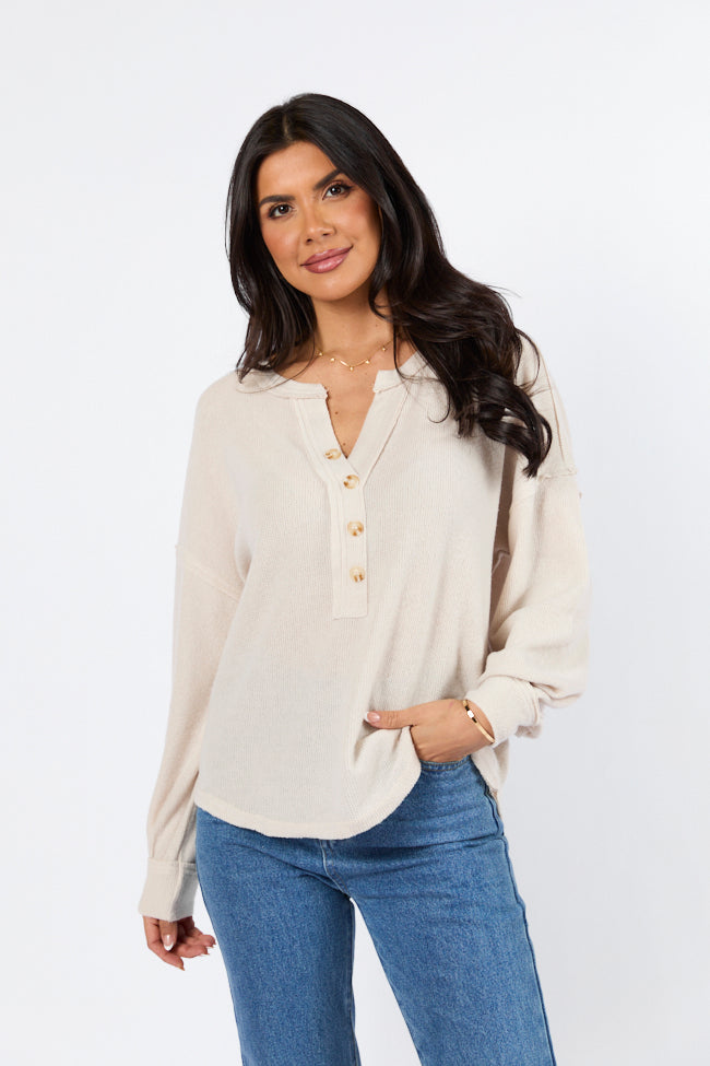 Any Other Way Oatmeal Brushed Rib Henley Knit Long Sleeve Top Clearance Factory Outlet